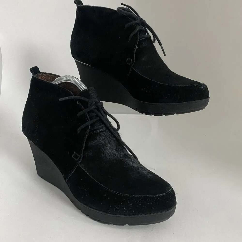 Donald J Pliner Women Sz 8 M Black Suede Nilos Ankle Wedge Booties Boots Lace Up
